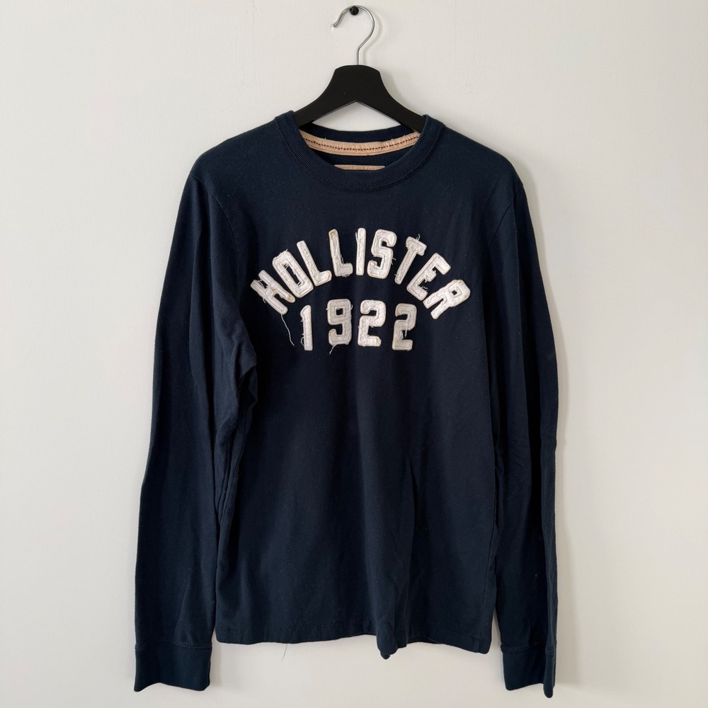 Hollister Mens Long Sleeve Graphic Tee Navy Blue Distressed Applique XL 1922